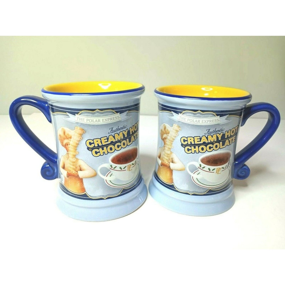 2 Retro Polar Express Authentic PE Warner Bros. Creamy Hot Chocolate Mugs Blue